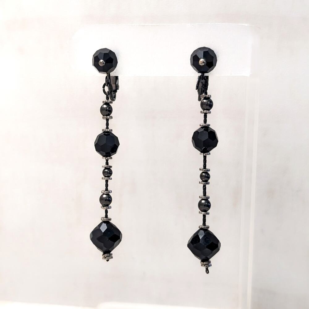 Vintage Clip On Earrings 2 & 7/8" Extra Long Black Dangle Stylish Statement